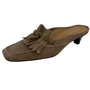 Franco Sarto Tan Kitten Heel Mules Tan Suede Fringe 8.5M Boho Western Slip On
